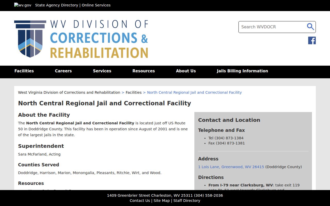 Official North Central Regional Jail and Correctional Facility page serving Marion County